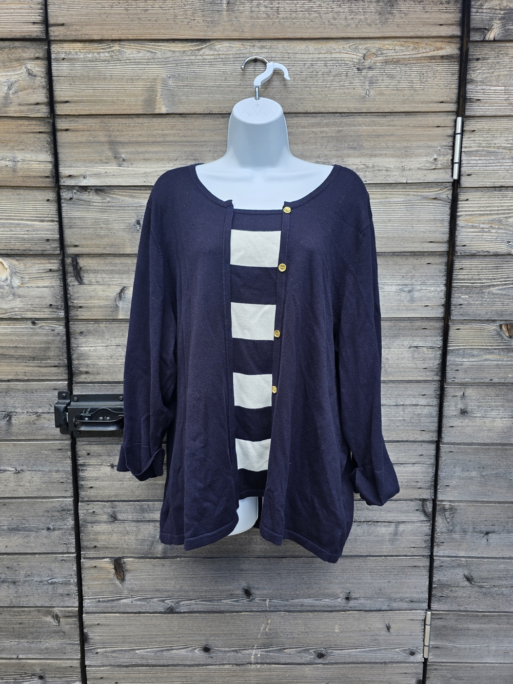 Sag Harbor Navy and White Striped Cardigan Set